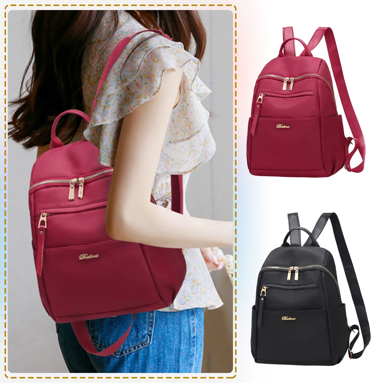 (Rose Pink Color) Fashion Casual Women Backpack Light Oxford Fabric