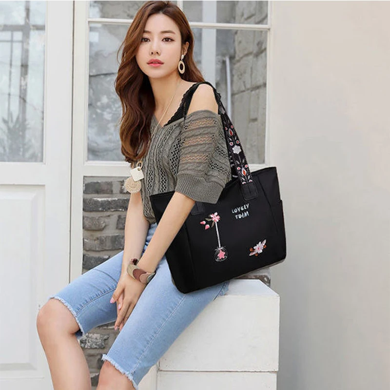 (Black Color) Embroidery Women Handbag Nylon Waterproof